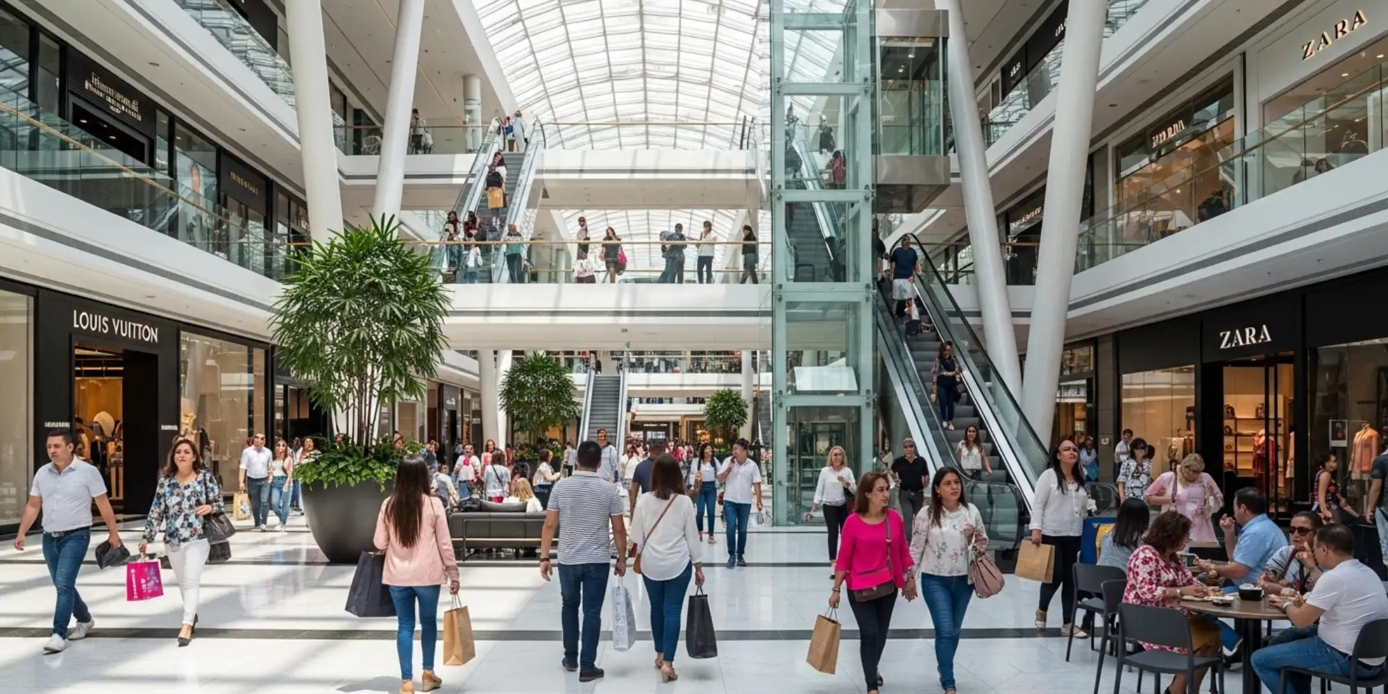 Espacios de circulación y comercios en un centro comercial.